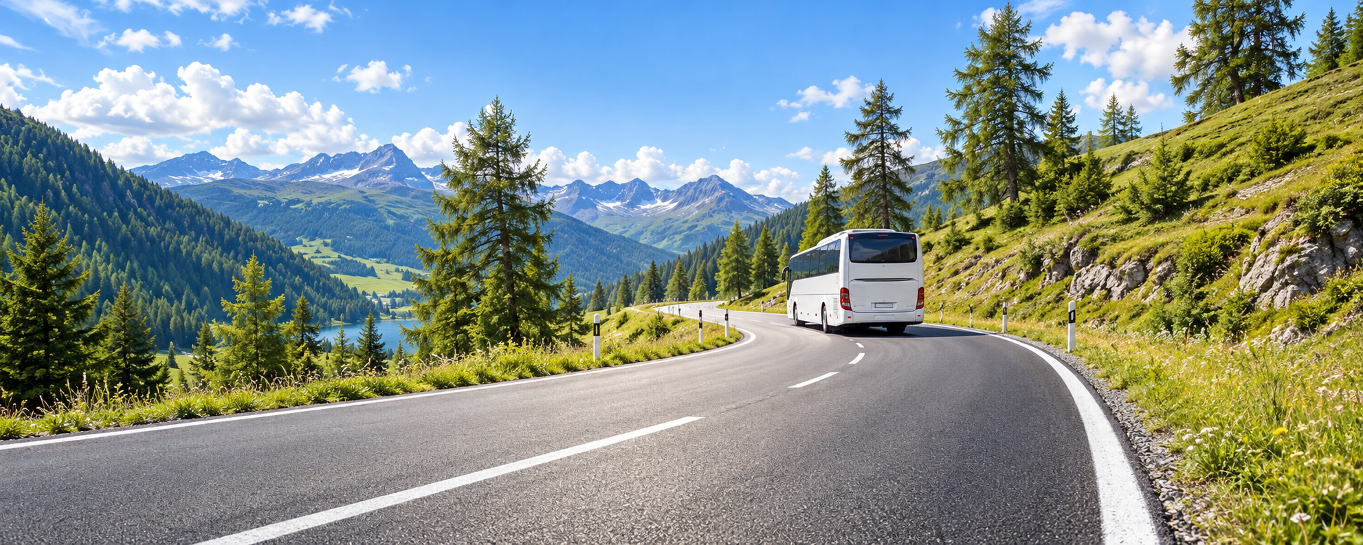 Illustrative Reiseszene: heller Alpenpass mit Reisebus